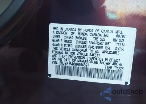 2008 Honda Ridgeline Rts from USA, damaged, VIN 2HJYK16408H514897